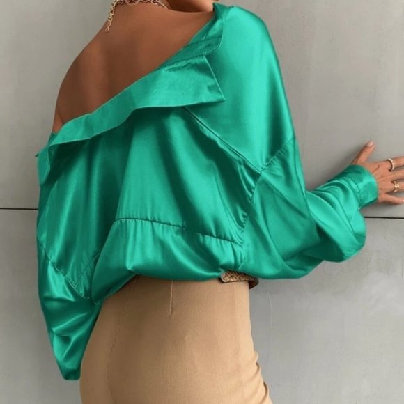 Button down Bishop Sleeve Shirt Blouse Green - Picture 6 of 6